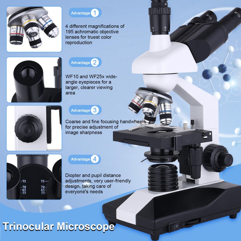 Herwicm Compound Trinocular Microscope 40X-5000X Magnification  Research Grade Professional Microscope  Two Levels of Mechanical Stage LED Illumination  USB Video Camera with Microscope for Adults - Image 4
